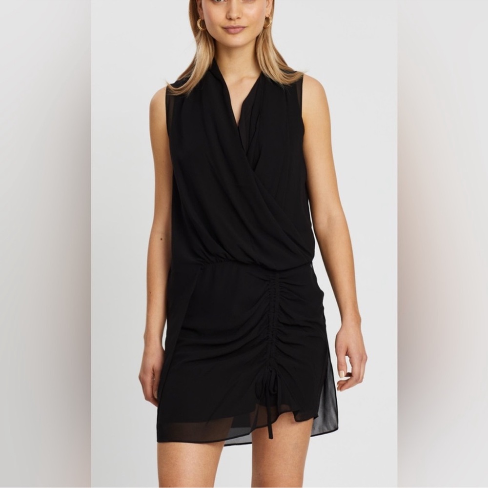 All Saints Cathea Black V-Neck Draped Front Ruched Mini Cocktail Dress Size 6